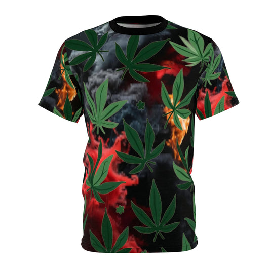 "Smoke Up" Weed Leaf with Smokey Background - 420 Friendly All Over Print Tee